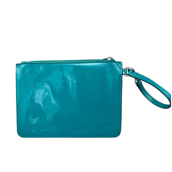 Karl Lagerfeld Paris Patent Leather Wristlet Clutch Bag Turquoise 8.75" x 6.5" - Picture 2 of 6